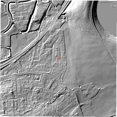 Shaded relief map of the ground around WF43PW, computed from Environment Agency LiDAR. The ground here sits at about 27 m above sea level and falls 15 m across the surrounding 800 m. Surface water reaching this point runs off ground lying to the south-south-east, 1.1 m higher.