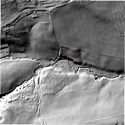 Shaded relief map of the ground around WF44AG, computed from Environment Agency LiDAR. The ground here sits at about 126 m above sea level and falls 52 m across the surrounding 800 m. Surface water reaching this point runs off ground lying to the north, 44.2 m higher.