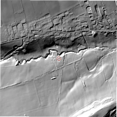 Shaded relief map of the ground around WF44DA, computed from Environment Agency LiDAR. The ground here sits at about 152 m above sea level and falls 53 m across the surrounding 800 m. Surface water reaching this point runs off ground lying to the south-west, 8.9 m higher.