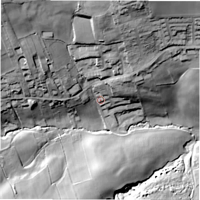 Shaded relief map of the ground around WF44DD, computed from Environment Agency LiDAR. The ground here sits at about 144 m above sea level and falls 57 m across the surrounding 800 m. Surface water reaching this point runs off ground lying to the north-west, 42.4 m higher.