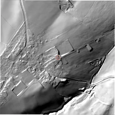 Shaded relief map of the ground around WF44HD, computed from Environment Agency LiDAR. The ground here sits at about 79 m above sea level and falls 71 m across the surrounding 800 m. Surface water reaching this point runs off ground lying to the south-south-west, 2.2 m higher.