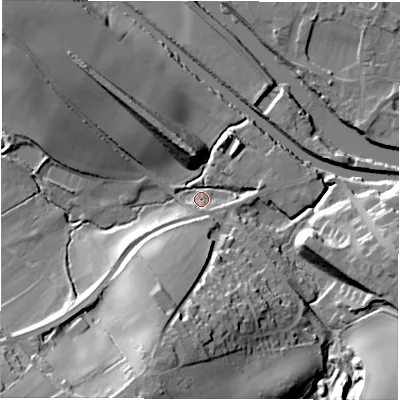 Shaded relief map of the ground around WF44NN, computed from Environment Agency LiDAR. The ground here sits at about 32 m above sea level and falls 38 m across the surrounding 800 m. Surface water reaching this point runs off ground lying to the south-south-west, 25.3 m higher.