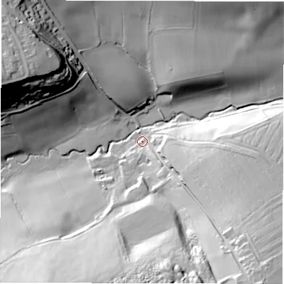 Shaded relief map of the ground around WF44RT, computed from Environment Agency LiDAR. The ground here sits at about 50 m above sea level and falls 65 m across the surrounding 800 m. Surface water reaching this point runs off ground lying to the south-east, 49.8 m higher.
