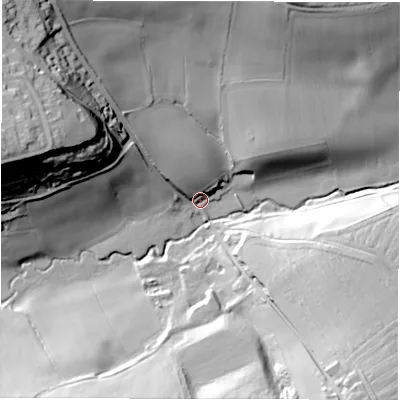 Shaded relief map of the ground around WF44RX, computed from Environment Agency LiDAR. The ground here sits at about 49 m above sea level and falls 66 m across the surrounding 800 m. Surface water reaching this point runs off ground lying to the west-north-west, 57.5 m higher.