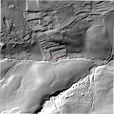 Shaded relief map of the ground around WF44SU, computed from Environment Agency LiDAR. The ground here sits at about 136 m above sea level and falls 49 m across the surrounding 800 m. Surface water reaching this point runs off ground lying to the north-north-west, 38.0 m higher.