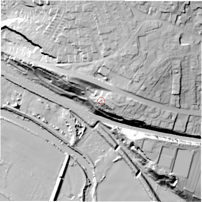 Shaded relief map of the ground around WF45BL, computed from Environment Agency LiDAR. The ground here sits at about 59 m above sea level and falls 49 m across the surrounding 800 m. Surface water reaching this point runs off ground lying to the east-north-east, 3.8 m higher.