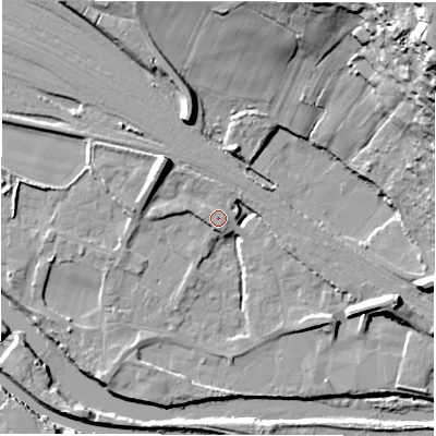 Shaded relief map of the ground around WF45BR, computed from Environment Agency LiDAR. The ground here sits at about 33 m above sea level and falls 50 m across the surrounding 800 m. Surface water reaching this point runs off ground lying to the west, 0.9 m higher.