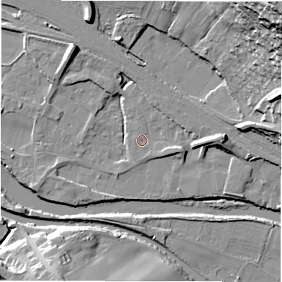 Shaded relief map of the ground around WF45BS, computed from Environment Agency LiDAR. The ground here sits at about 31 m above sea level and falls 49 m across the surrounding 800 m. Surface water reaching this point runs off ground lying to the east-south-east, 3.3 m higher.