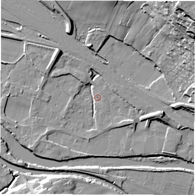 Shaded relief map of the ground around WF45BT, computed from Environment Agency LiDAR. The ground here sits at about 31 m above sea level and falls 49 m across the surrounding 800 m. Surface water reaching this point runs off ground lying to the north-west, 10.0 m higher.