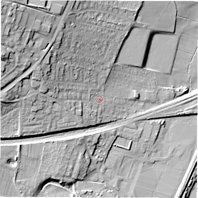 Shaded relief map of the ground around WF45DY, computed from Environment Agency LiDAR. The ground here sits at about 35 m above sea level and falls 37 m across the surrounding 800 m. Surface water reaching this point runs off ground lying to the west-north-west, 11.4 m higher.