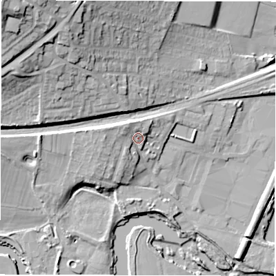 Shaded relief map of the ground around WF45EA, computed from Environment Agency LiDAR. The ground here sits at about 35 m above sea level and falls 35 m across the surrounding 800 m. Surface water reaching this point runs off ground lying to the north-west, 4.0 m higher.
