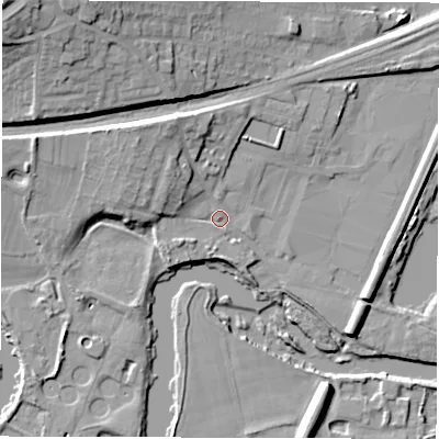 Shaded relief map of the ground around WF45EB, computed from Environment Agency LiDAR. The ground here sits at about 29 m above sea level and falls 26 m across the surrounding 800 m. Surface water reaching this point runs off ground lying to the north-west, 8.4 m higher.