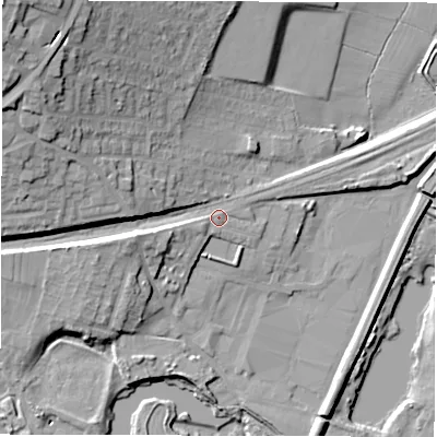 Shaded relief map of the ground around WF45EH, computed from Environment Agency LiDAR. The ground here sits at about 32 m above sea level and falls 31 m across the surrounding 800 m. Surface water reaching this point runs off ground lying to the north-west, 18.9 m higher.