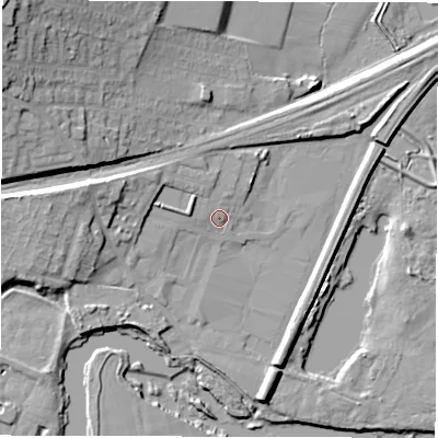 Shaded relief map of the ground around WF45ER, computed from Environment Agency LiDAR. The ground here sits at about 30 m above sea level and falls 26 m across the surrounding 800 m. Surface water reaching this point runs off ground lying to the west-north-west, 3.7 m higher.