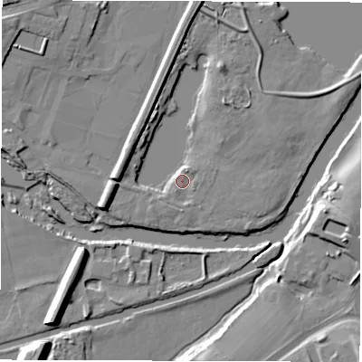 Shaded relief map of the ground around WF45ET, computed from Environment Agency LiDAR. The ground here sits at about 27 m above sea level and falls 12 m across the surrounding 800 m. Surface water reaching this point runs off ground lying to the south-west, 3.6 m higher.