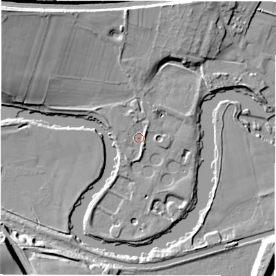Shaded relief map of the ground around WF45EU, computed from Environment Agency LiDAR. The ground here sits at about 28 m above sea level and falls 25 m across the surrounding 800 m. Surface water reaching this point runs off ground lying to the north-west, 17.2 m higher.