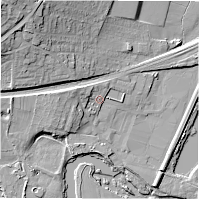 Shaded relief map of the ground around WF45EW, computed from Environment Agency LiDAR. The ground here sits at about 33 m above sea level and falls 32 m across the surrounding 800 m. Surface water reaching this point runs off ground lying to the west-north-west, 6.9 m higher.
