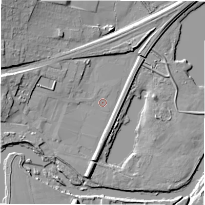 Shaded relief map of the ground around WF45FD, computed from Environment Agency LiDAR. The ground here sits at about 28 m above sea level and falls 18 m across the surrounding 800 m. Surface water reaching this point runs off ground lying to the west-north-west, 5.0 m higher.