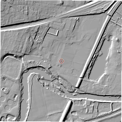 Shaded relief map of the ground around WF45FF, computed from Environment Agency LiDAR. The ground here sits at about 29 m above sea level and falls 21 m across the surrounding 800 m. Surface water reaching this point runs off ground lying to the north-west, 8.7 m higher.