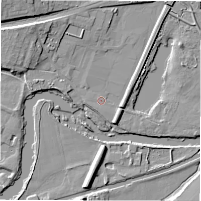 Shaded relief map of the ground around WF45FH, computed from Environment Agency LiDAR. The ground here sits at about 28 m above sea level and falls 17 m across the surrounding 800 m. Surface water reaching this point runs off ground lying to the south-east, 4.7 m higher.