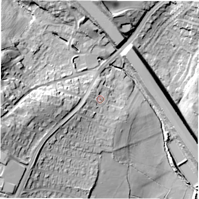 Shaded relief map of the ground around WF45HS, computed from Environment Agency LiDAR. The ground here sits at about 37 m above sea level and falls 30 m across the surrounding 800 m. Surface water reaching this point runs off ground lying to the west-south-west, 4.3 m higher.