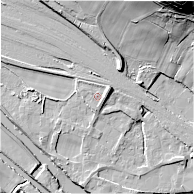 Shaded relief map of the ground around WF45HX, computed from Environment Agency LiDAR. The ground here sits at about 34 m above sea level and falls 53 m across the surrounding 800 m. Surface water reaching this point runs off ground lying to the north-east, 5.7 m higher.