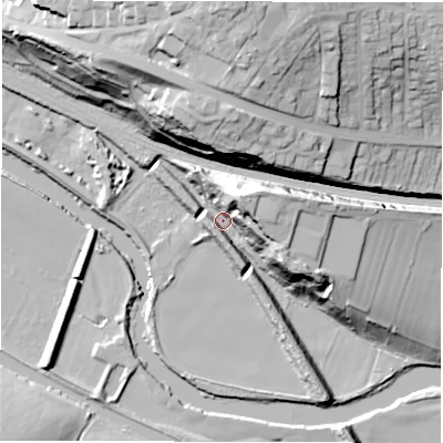 Shaded relief map of the ground around WF45LD, computed from Environment Agency LiDAR. The ground here sits at about 31 m above sea level and falls 44 m across the surrounding 800 m. Surface water reaching this point runs off ground lying to the north-east, 24.4 m higher.
