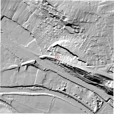 Shaded relief map of the ground around WF45NF, computed from Environment Agency LiDAR. The ground here sits at about 40 m above sea level and falls 52 m across the surrounding 800 m. Surface water reaching this point runs off ground lying to the east-north-east, 36.3 m higher.