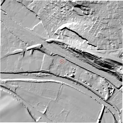 Shaded relief map of the ground around WF45NH, computed from Environment Agency LiDAR. The ground here sits at about 30 m above sea level and falls 51 m across the surrounding 800 m. Surface water reaching this point runs off ground lying to the west-north-west, 4.3 m higher.