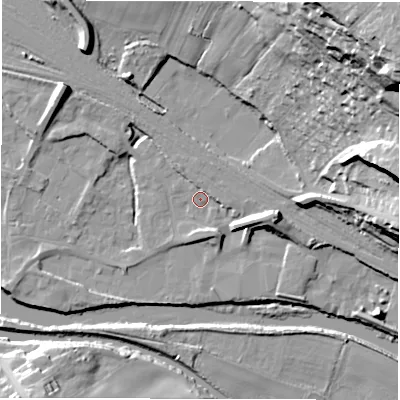 Shaded relief map of the ground around WF45NJ, computed from Environment Agency LiDAR. The ground here sits at about 32 m above sea level and falls 52 m across the surrounding 800 m. Surface water reaching this point runs off ground lying to the south-south-east, 3.0 m higher.