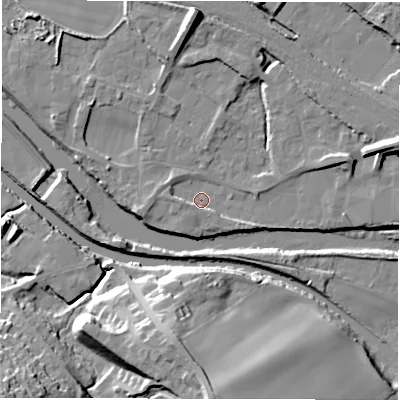 Shaded relief map of the ground around WF45NN, computed from Environment Agency LiDAR. The ground here sits at about 30 m above sea level and falls 25 m across the surrounding 800 m. Surface water reaching this point runs off ground lying to the west, 2.1 m higher.