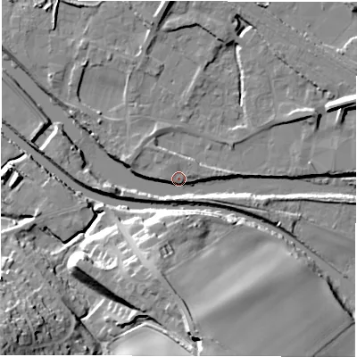 Shaded relief map of the ground around WF45NP, computed from Environment Agency LiDAR. The ground here sits at about 31 m above sea level and falls 28 m across the surrounding 800 m. Surface water reaching this point runs off ground lying to the west, 6.2 m higher.