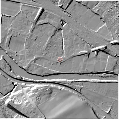 Shaded relief map of the ground around WF45NR, computed from Environment Agency LiDAR. The ground here sits at about 31 m above sea level and falls 26 m across the surrounding 800 m. Surface water reaching this point runs off ground lying to the north-north-west, 10.1 m higher.