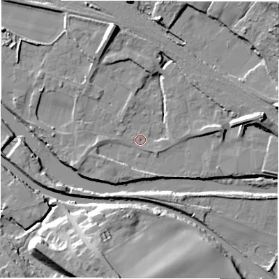 Shaded relief map of the ground around WF45NS, computed from Environment Agency LiDAR. The ground here sits at about 31 m above sea level and falls 24 m across the surrounding 800 m. Surface water reaching this point runs off ground lying to the north-north-west, 10.1 m higher.