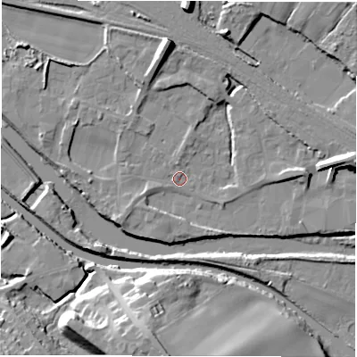 Shaded relief map of the ground around WF45NT, computed from Environment Agency LiDAR. The ground here sits at about 31 m above sea level and falls 22 m across the surrounding 800 m. Surface water reaching this point runs off ground lying to the north, 8.4 m higher.