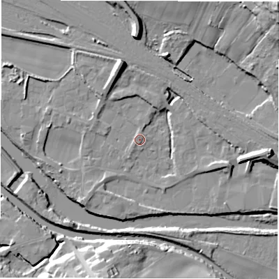 Shaded relief map of the ground around WF45NU, computed from Environment Agency LiDAR. The ground here sits at about 31 m above sea level and falls 35 m across the surrounding 800 m. Surface water reaching this point runs off ground lying to the north-north-west, 7.7 m higher.