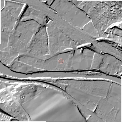 Shaded relief map of the ground around WF45NW, computed from Environment Agency LiDAR. The ground here sits at about 30 m above sea level and falls 44 m across the surrounding 800 m. Surface water reaching this point runs off ground lying to the north-north-west, 9.9 m higher.