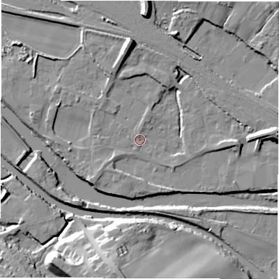 Shaded relief map of the ground around WF45NX, computed from Environment Agency LiDAR. The ground here sits at about 31 m above sea level and falls 22 m across the surrounding 800 m. Surface water reaching this point runs off ground lying to the north-north-west, 2.4 m higher.