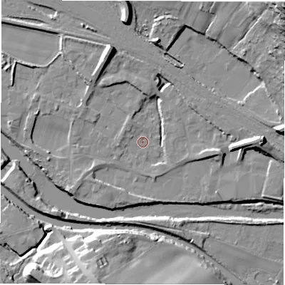Shaded relief map of the ground around WF45PA, computed from Environment Agency LiDAR. The ground here sits at about 30 m above sea level and falls 36 m across the surrounding 800 m. Surface water reaching this point runs off ground lying to the north-north-west, 10.1 m higher.