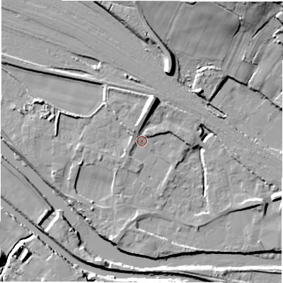 Shaded relief map of the ground around WF45PB, computed from Environment Agency LiDAR. The ground here sits at about 32 m above sea level and falls 32 m across the surrounding 800 m. Surface water reaching this point runs off ground lying to the north-north-east, 7.7 m higher.