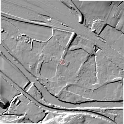 Shaded relief map of the ground around WF45PE, computed from Environment Agency LiDAR. The ground here sits at about 32 m above sea level and falls 21 m across the surrounding 800 m. Surface water reaching this point runs off ground lying to the north-north-east, 1.8 m higher.