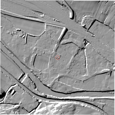 Shaded relief map of the ground around WF45PF, computed from Environment Agency LiDAR. The ground here sits at about 32 m above sea level and falls 20 m across the surrounding 800 m. Surface water reaching this point runs off ground lying to the north-north-west, 1.7 m higher.
