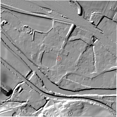Shaded relief map of the ground around WF45PG, computed from Environment Agency LiDAR. The ground here sits at about 32 m above sea level and falls 19 m across the surrounding 800 m. Surface water reaching this point runs off ground lying to the north-north-east, 6.5 m higher.
