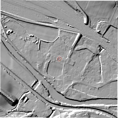 Shaded relief map of the ground around WF45PH, computed from Environment Agency LiDAR. The ground here sits at about 32 m above sea level and falls 21 m across the surrounding 800 m. Surface water reaching this point runs off ground lying to the north-east, 2.7 m higher.