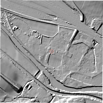 Shaded relief map of the ground around WF45PL, computed from Environment Agency LiDAR. The ground here sits at about 32 m above sea level and falls 19 m across the surrounding 800 m. Surface water reaching this point runs off ground lying to the south-south-west, 1.4 m higher.