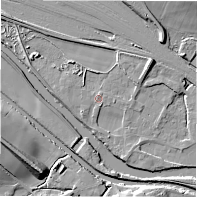 Shaded relief map of the ground around WF45PN, computed from Environment Agency LiDAR. The ground here sits at about 32 m above sea level and falls 19 m across the surrounding 800 m. Surface water reaching this point runs off ground lying to the north-east, 8.3 m higher.