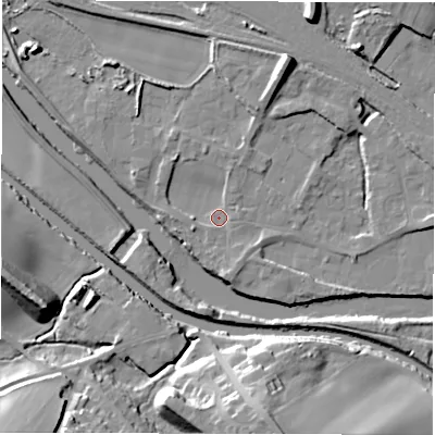 Shaded relief map of the ground around WF45PP, computed from Environment Agency LiDAR. The ground here sits at about 30 m above sea level and falls 24 m across the surrounding 800 m. Surface water reaching this point runs off ground lying to the north-north-east, 6.5 m higher.