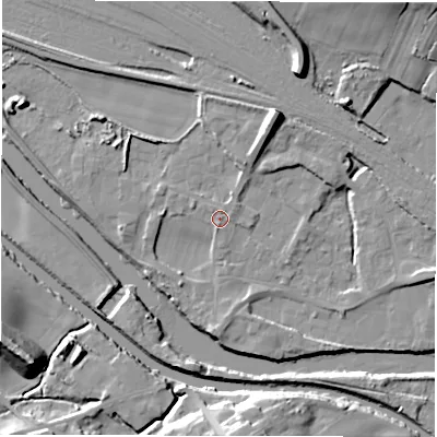 Shaded relief map of the ground around WF45PQ, computed from Environment Agency LiDAR. The ground here sits at about 32 m above sea level and falls 19 m across the surrounding 800 m. Surface water reaching this point runs off ground lying to the north-north-east, 0.7 m higher.