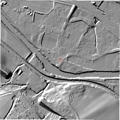 Shaded relief map of the ground around WF45PR, computed from Environment Agency LiDAR. The ground here sits at about 31 m above sea level and falls 28 m across the surrounding 800 m. Surface water reaching this point runs off ground lying to the south, 1.6 m higher.