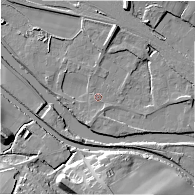 Shaded relief map of the ground around WF45PS, computed from Environment Agency LiDAR. The ground here sits at about 31 m above sea level and falls 22 m across the surrounding 800 m. Surface water reaching this point runs off ground lying to the north, 6.5 m higher.
